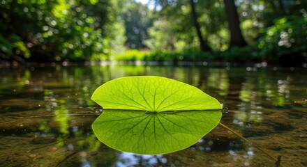 Symmetry of a Sun-Kissed Leaf on the Mirror-Like Surface of a Forest Creek
