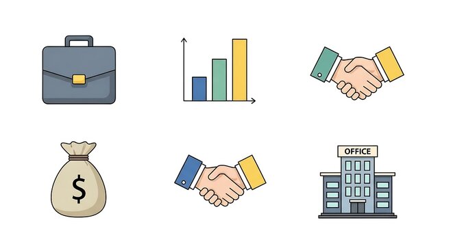 Business Icons Set, Finance, Agreement, Office, Briefcase, Money Bag, Graph, Handshake