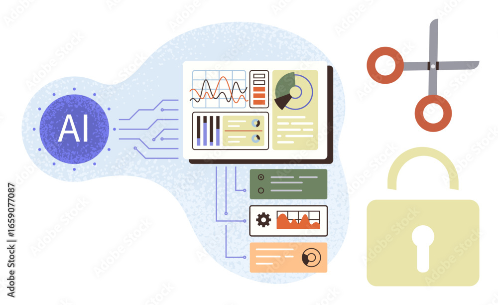 Poster ai module with data visualization, charts, and icons, connected to security padlock and scissors. id
