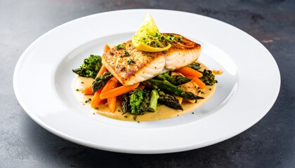 Delicious pan-seared salmon fillet with vibrant roasted vegetables and creamy sauce