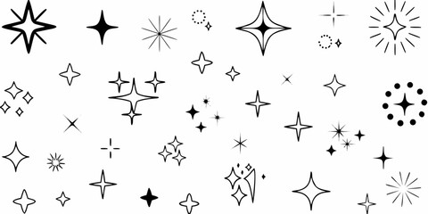 Collection of Hand Drawn Sparkle Starburst and Star Shapes on White glitter shine