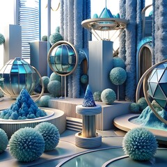 Futuristic Architectural Dreamscape: A surreal, architecturally inspired scene of sleek, modern structures, spheres, and other geometric forms in various shades of blue.