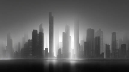 Atmospheric foggy city skyline with skyscrapers fading