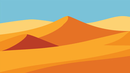 An illustration of a vast desert landscape under a clear blue sky, featuring sandy dunes and sparse vegetation.