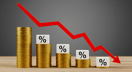 Economic downturn visualized with decreasing percentage and falling arrow, financial concept