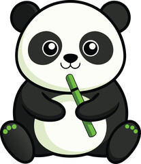 Cute anime-style panda sitting with a bamboo stick, Funny anime panda