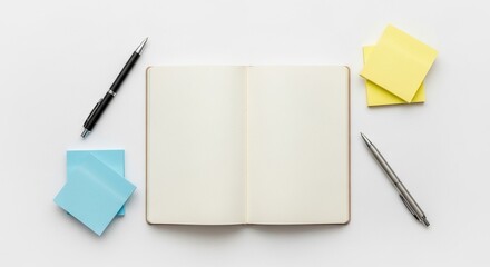 Open Notebook Mockup with Pens and Sticky Notes Overhead View