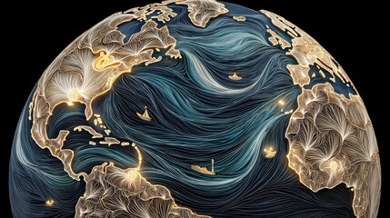 Abstract globe with flowing lines depicting oceanic currents and trade routes