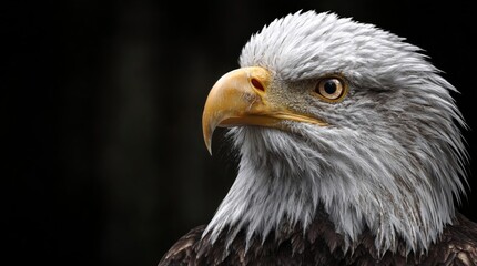 Fototapeta premium Majestic Eagle Portrait: A close-up shot showcases the keen eyes and powerful beak of a bald eagle, exuding strength and freedom, with a dark background.