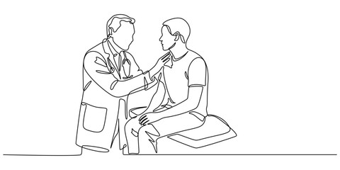 continuous one line drawing of doctor consulting senior patient, continuous line of a doctor examining a patient in a hospital room.one line drawing of a doctor using a stethoscope examining a patient