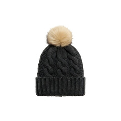Black knitted winter hat with pom pom isolated on white background cozy fashion accessory stock photo