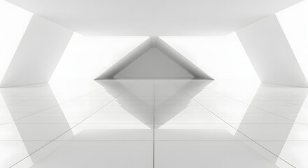 Bright, minimalist white futuristic interior with a central triangular structure and highly reflective surfaces, creating a sense of depth and symmetry.