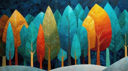 Stylized autumn forest at night, colorful trees against a dark blue sky, snowy ground
