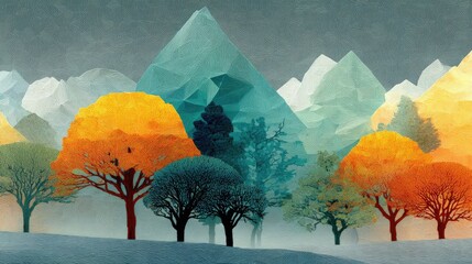 Polygonal landscape; autumnal trees before a mountain range under a muted sky