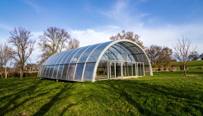 Modern glass-roofed enclosure in a grassy landscape