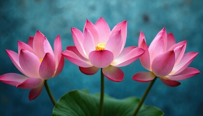 Obraz premium Three delicate pink lotus flowers with detailed petals bloom vibrantly against blurred teal background. Image evokes sense of peace, serenity, natural beauty, perfect for themes of zen, meditation,
