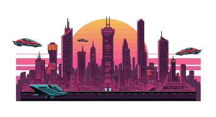 Obraz premium Pixel art cityscape with futuristic vehicles and sunset glow