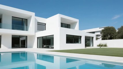 Luxury modern white house with swimming pool under clear blue sky, featuring minimalist architecture and contemporary design. Ideal for real estate, travel, and lifestyle themes. - Powered by Adobe
