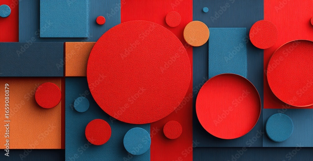Poster abstract geometric pattern with red and blue circles and squares