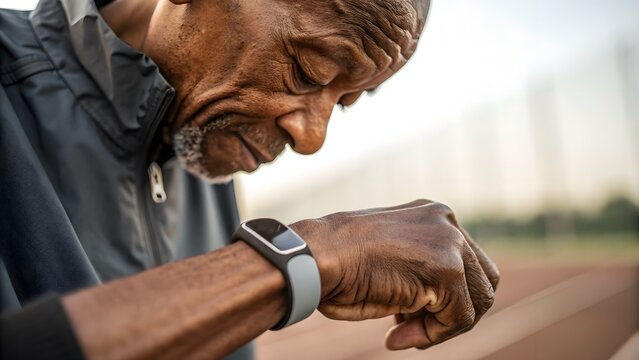 Senior hand adjusting modern fitness tracker. Detailed macro of aged skin with smartwatch strap, blending technology and vitality. - Powered by Adobe