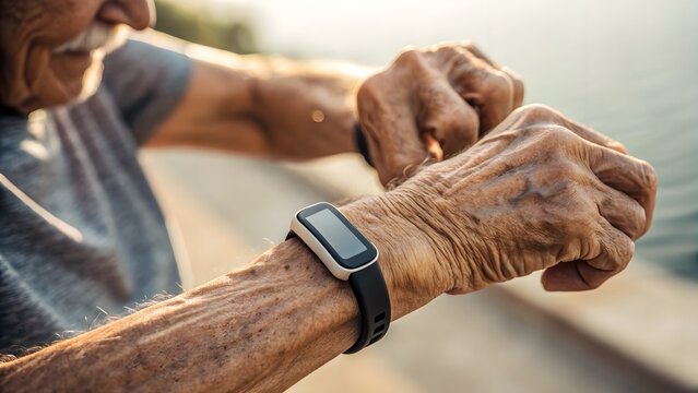 Senior hand adjusting modern fitness tracker. Detailed macro of aged skin with smartwatch strap, blending technology and vitality.