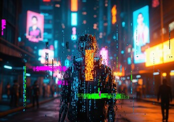Futuristic concept of digital identity as a person dissolves into glitching data streams in a vibrant cyberpunk city.