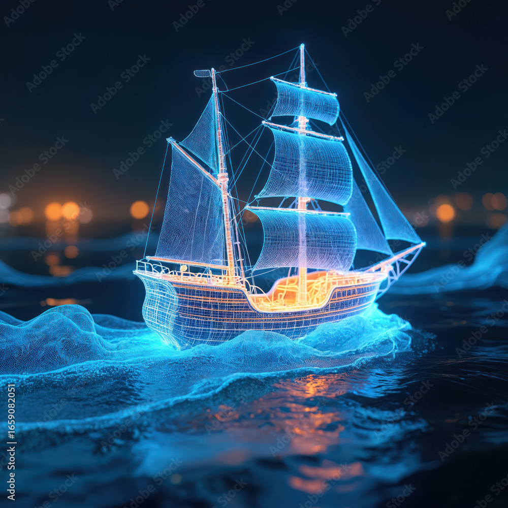 Poster wireframe galleon sails on glowing blue ocean waves at night. digital technology, futuristic navigat