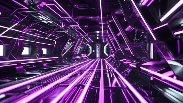  A glowing purple neon cyber technology abstract with metallic futuristic elements in a luxurious and elegant style.