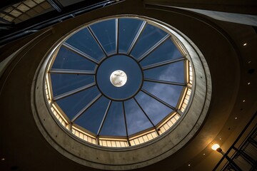 Stunning Worm's Eye View of a Large Circular Skylight at Night with a Full Moon