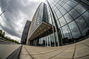 Modern Glass Building Facade with Dramatic Sky, Worm's Eye View Architecture Photography