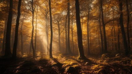 Obraz premium Sacred Grove: Golden Sunbeams Pierce Through an Ethereal Autumn Forest