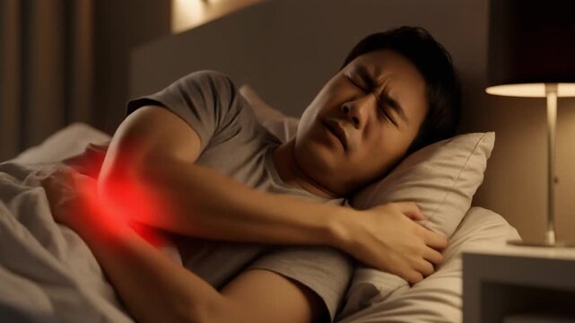 Man resting in bed suffers fever and joint pain inside Southeast Asian home