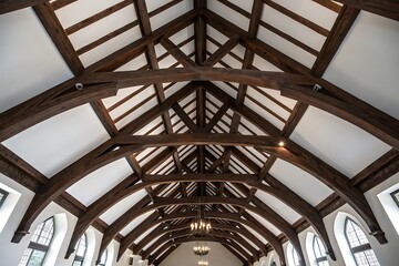 Majestic Vaulted Ceiling with Dark Wood Beams and Gothic Windows