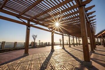 Stunning Sunbeams Through Wooden Pergola on a Sunny Terrace, Architectural Design