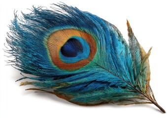 A vibrant peacock feather isolated on white