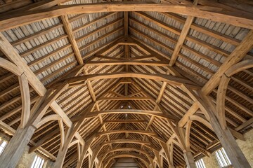 Intricate Wooden Roof Structure, Complex Joinery, Architectural Detail, Historic Building Interior