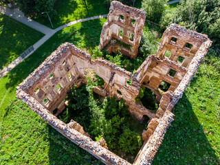 Drone view of an old manor house without a roof, destroyed by time, Belkino estate, Obninsk, Russia