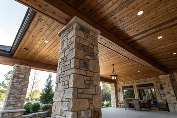 Stunning Stone Columns and Wooden Beams Under a Covered Patio