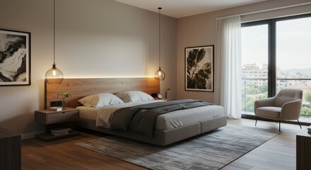 A serene bedroom with a calming atmosphere, featuring a low-profile bed with a neutral-toned bedspread.