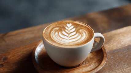 A beautifully crafted latte art in a white cup on a wooden table, with a cozy caf? atmosphere - Powered by Adobe