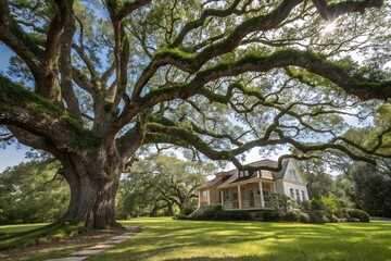 Majestic Ancient Oak Tree, Worm's Eye View, Overhanging House, Lush Greenery, Sunny Day