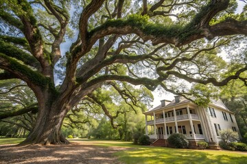 Majestic Ancient Oak Tree Overlooking a Historic Southern Plantation House