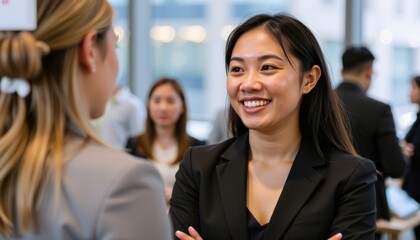 Professional Woman Engaged Conversation Through Glass Partition