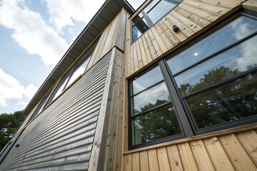 Modern House Exterior with Wood Siding, Large Windows, and Grey Metal Roof