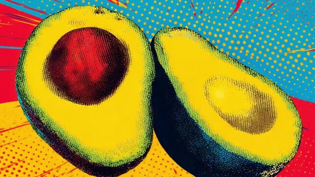 Vibrant pop art illustration of halved avocados on a colorful background with dynamic patterns