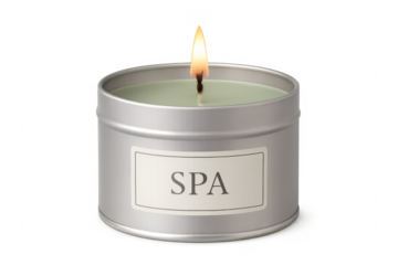 Green scented burning spa candle in silver tin with transparent background