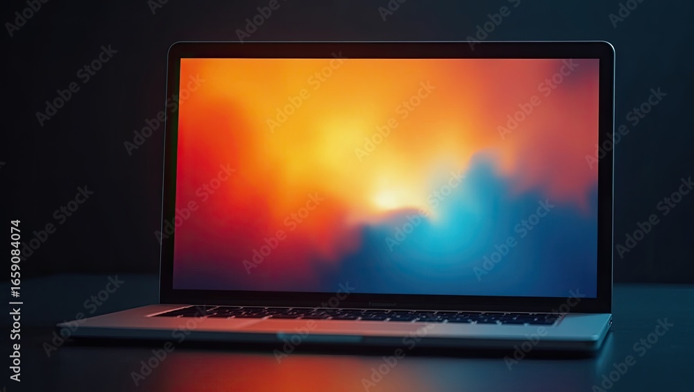 Poster laptop computer display showing a vibrant abstract graphic.