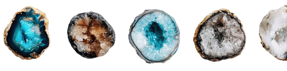 Four circular slices of agate, showcasing a variety of colors and patterns