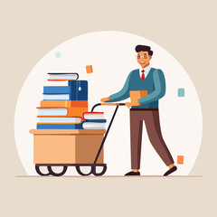 Librarian pushes cart loaded with stacked colorful books