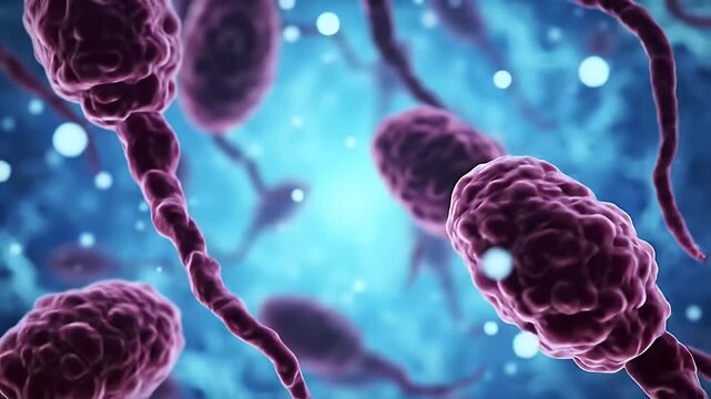 Detailed Textured 3D Animation of Multiple Spermatozoa on a Blurred Blue Background Medical Visualization of Sperm Cells Fertility and Human Reproduction